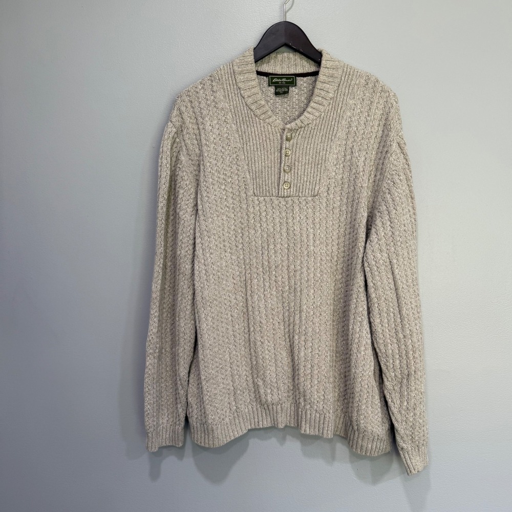 VTG Eddie Bauer Mens XL Beige Cotton Knit Pullover Sweater fisherman Hong Kong